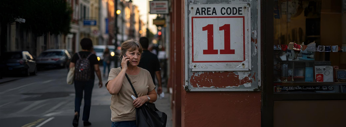 Mulher de camiseta bege e bolsa preta falando ao celular ao lado de uma parede com placa grande “Area Code 11”.