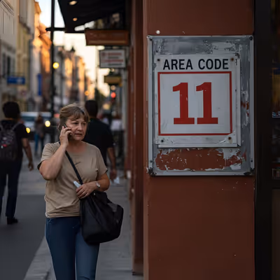 Mulher de camiseta bege e bolsa preta caminhando em rua movimentada com placa “Area Code 11” na parede.