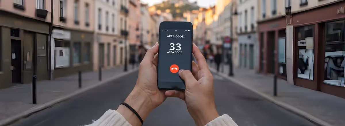 Pessoa segurando celular com código de área 33 na tela