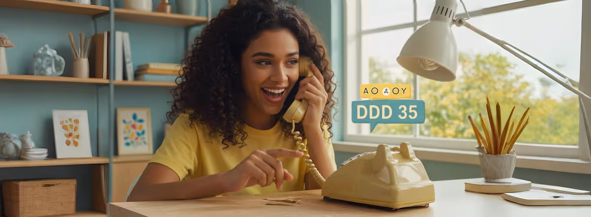 Mulher sorridente usando telefone fixo amarelo com DDD 35