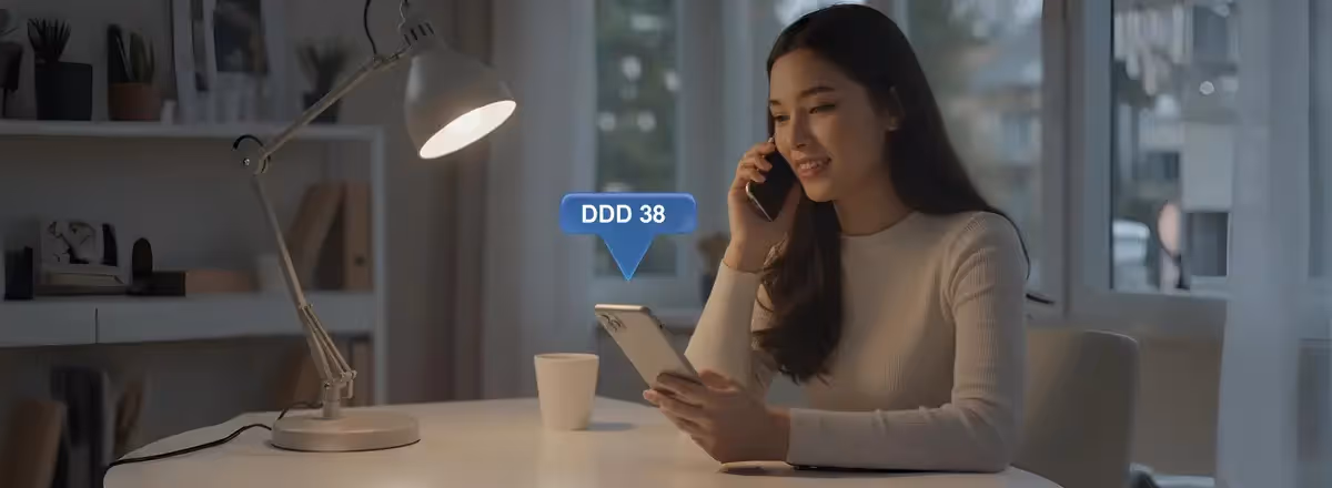 Mulher sorrindo ao telefone celular com código DDD 38