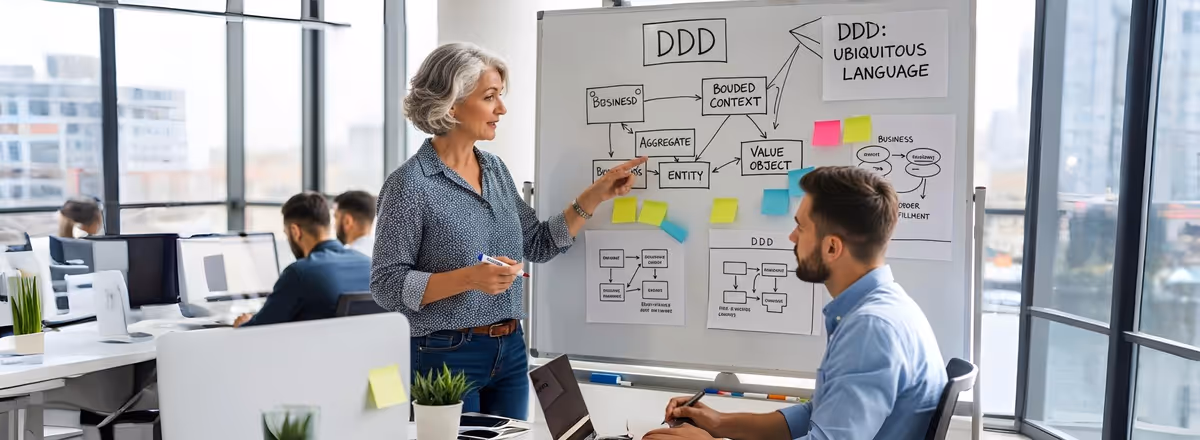 Profissionais discutindo estratégias em quadro de projetos.