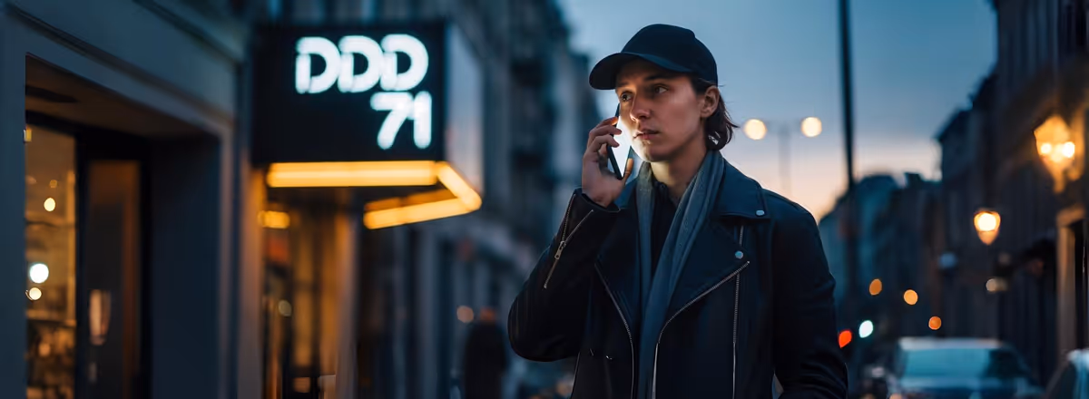 Jovem falando ao celular em rua com letreiro DDD 71.
