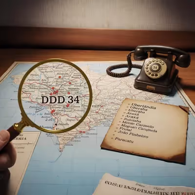 Telefone antigo e lupa sobre mapa mostrando DDD 34 em Minas