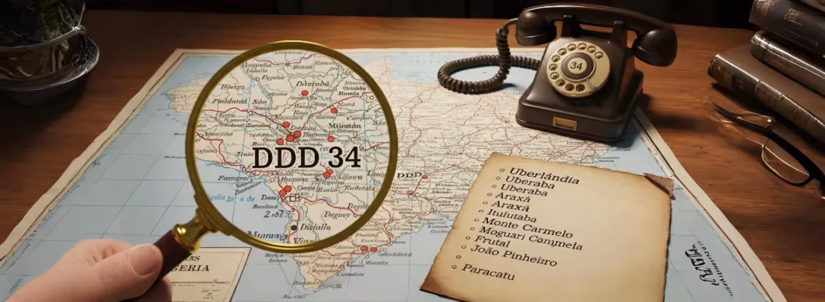 Mapa de Minas Gerais com lupa destacando DDD 34 e cidades