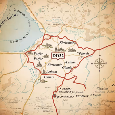 Ilustração de mapa vintage com código DD32 e pontos marcados