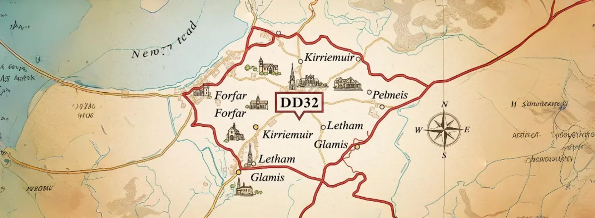 Mapa antigo destacando área do código DD32 e cidades locais