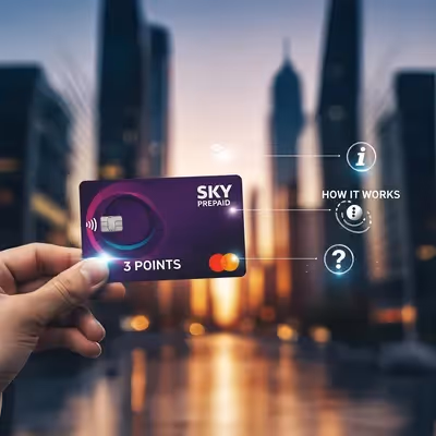 Pessoa segura cartão SKY Prepaid 3 Points ao entardecer