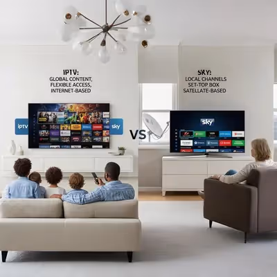 Comparação IPTV e Sky TV satélite em sala de estar moderna