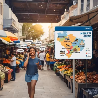 Mapa DDD 37 Minas Gerais em mercado com mulher ao celular