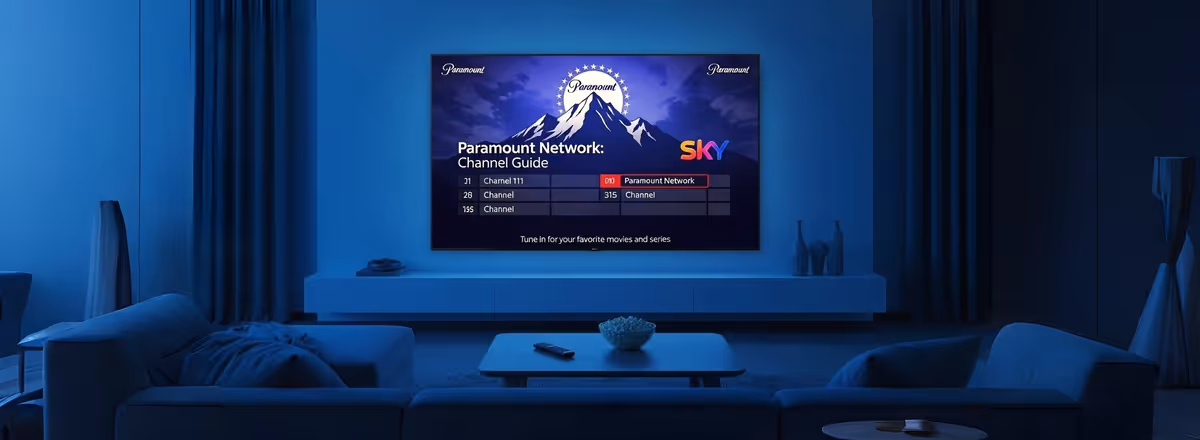 Sala moderna com TV exibindo Paramount Network e SKY