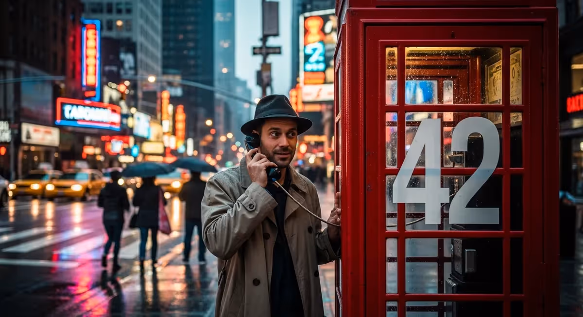 Homem usando cabine telefônica vermelha em cidade chuvosa à noite