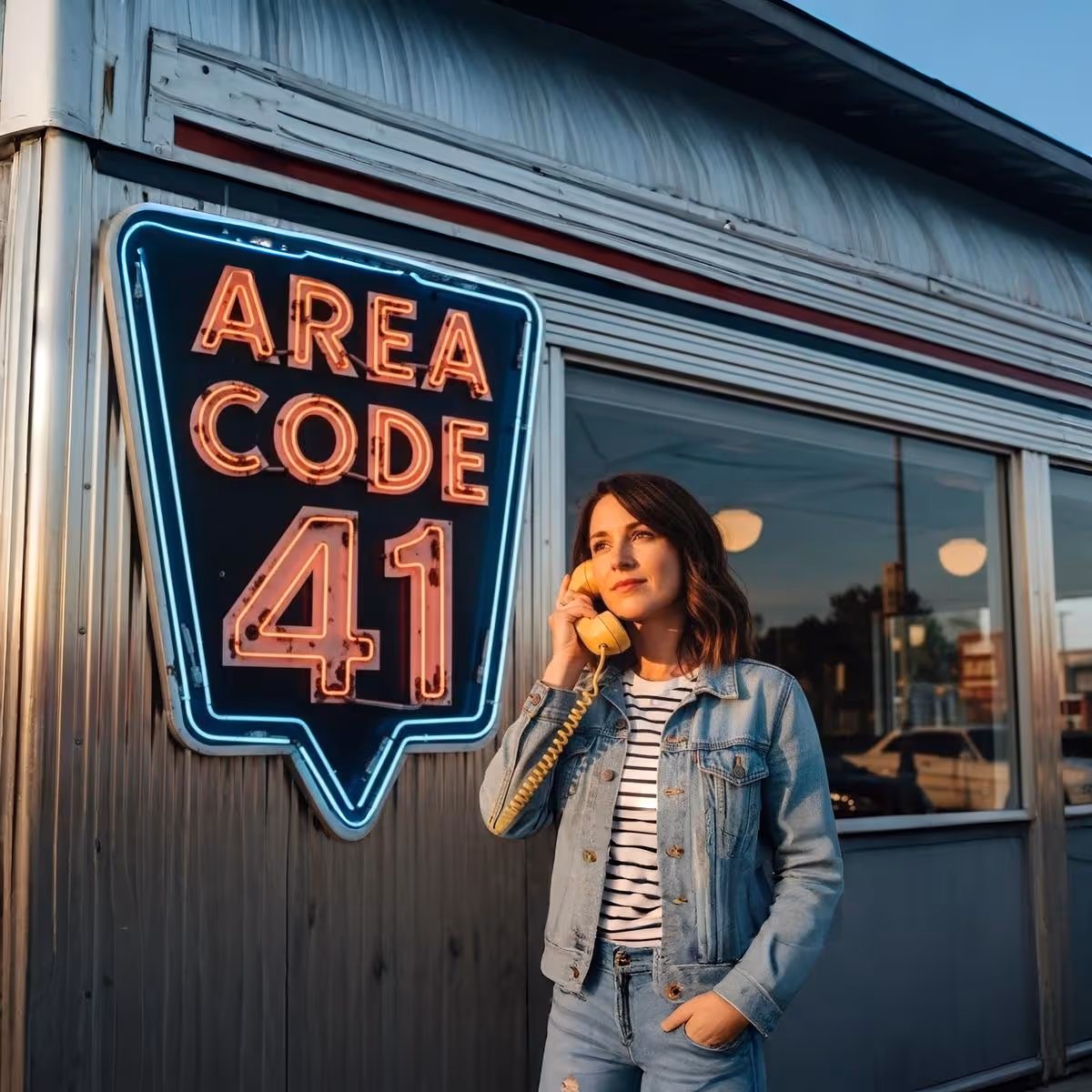 Mulher ao telefone ao lado de letreiro neon com código DDD 41