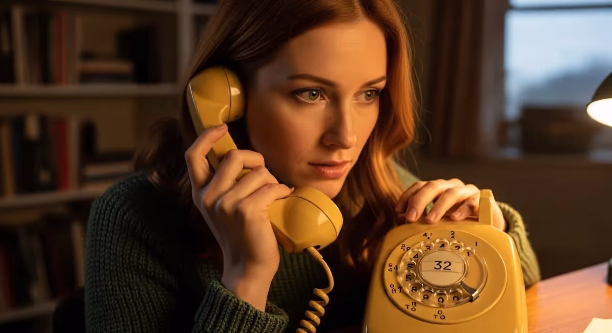 Mulher segurando telefone amarelo antigo em ambiente doméstico