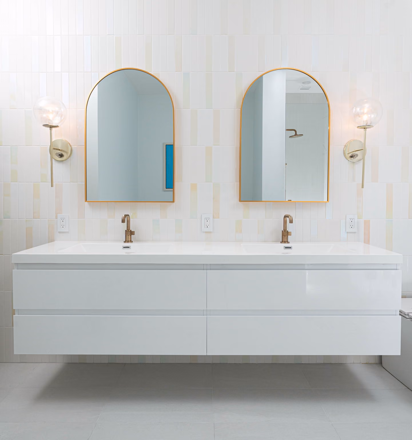Expanded double vanity in a NYC bathroom renovation by Gallery KBNY