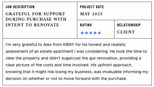Client testimonial of a NYC renovation by Gallery KBNY