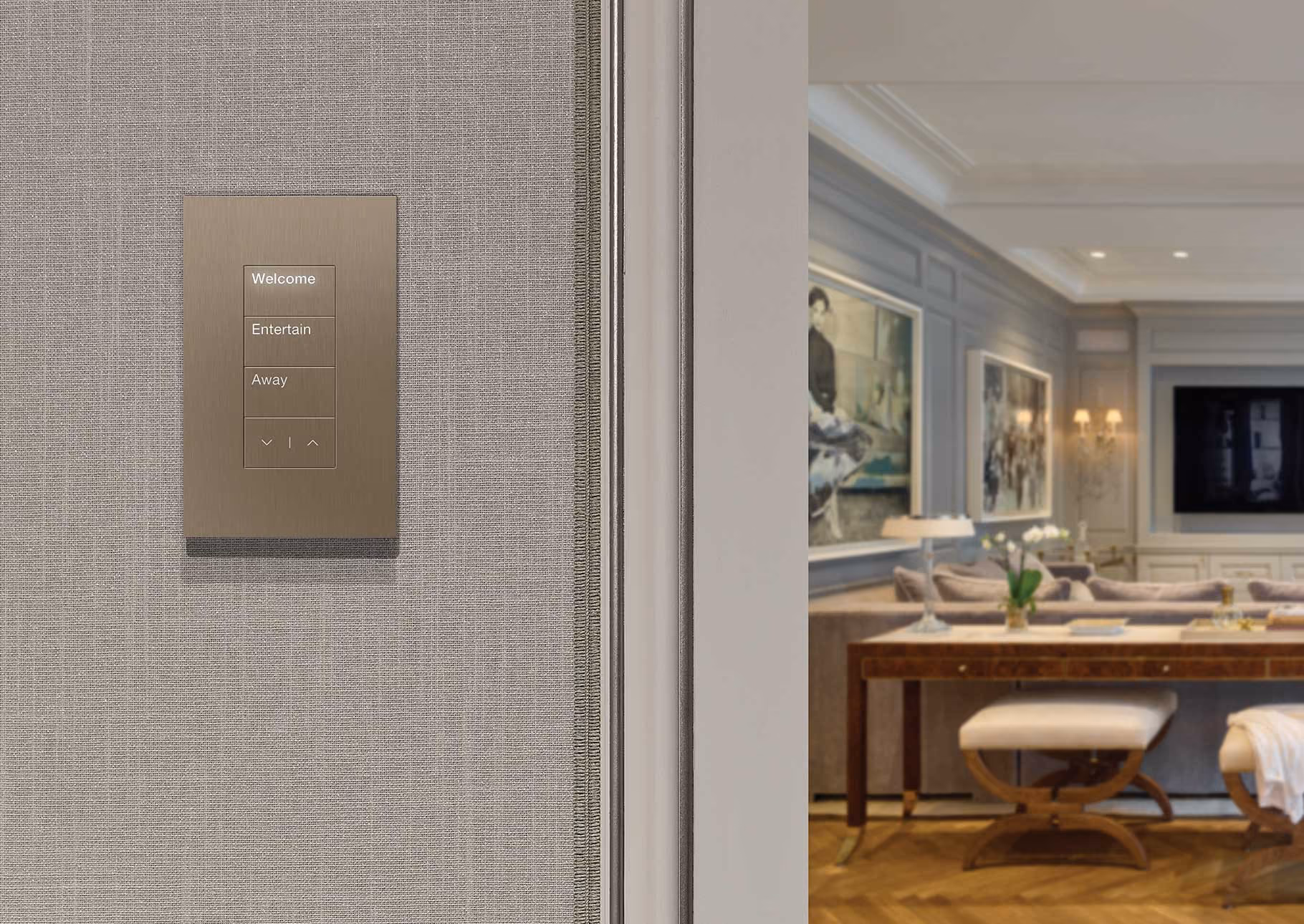 Lutron smart-lighting keypad control panel shown in a staged interior — a manufacturer/stock photo used to illustrate home automation options, not a Gallery KBNY project photo.