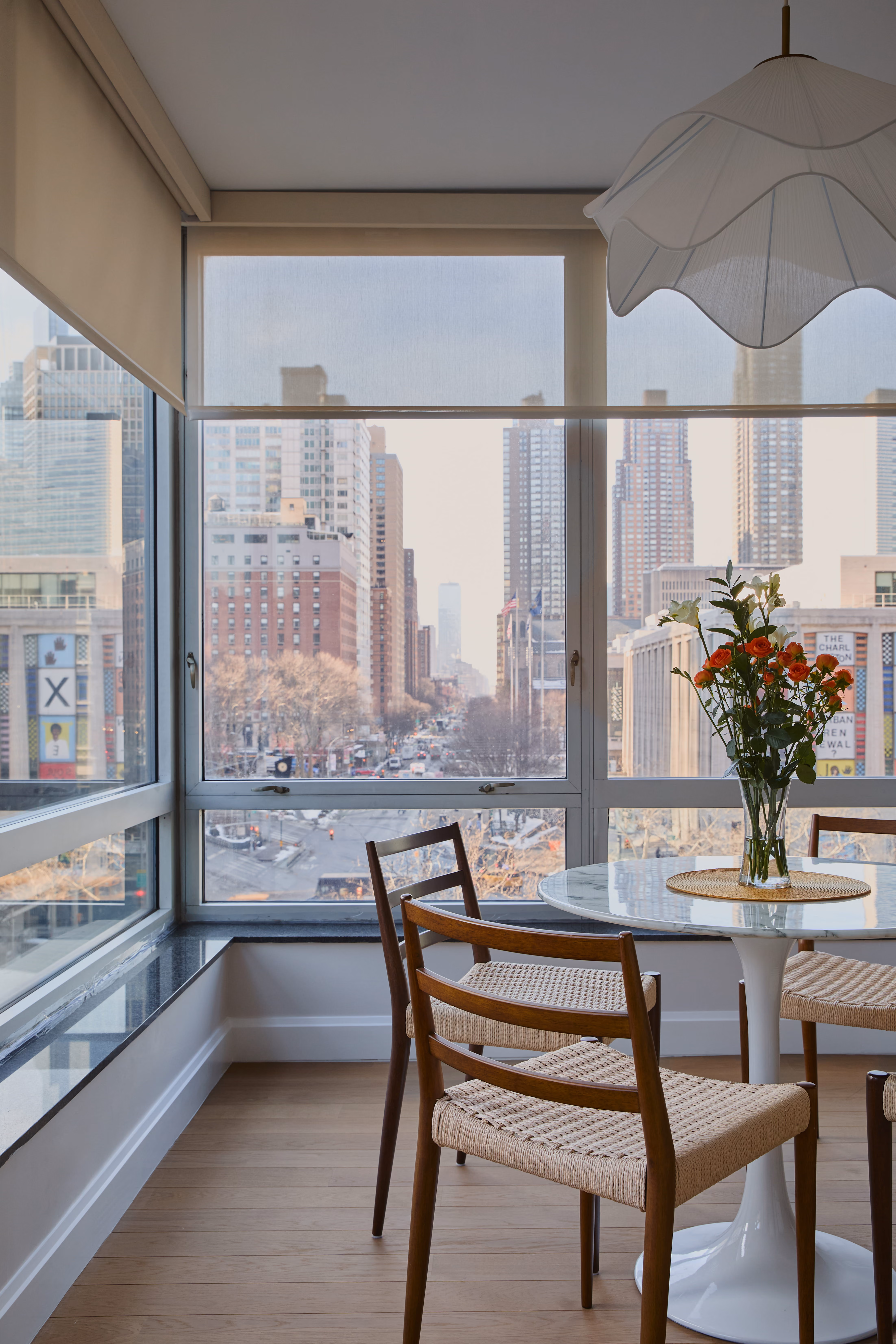 Kitchen with Columbus Circle corner view from an Upper West Side condo renovation at 150 Columbus Avenue by Gallery KBNY