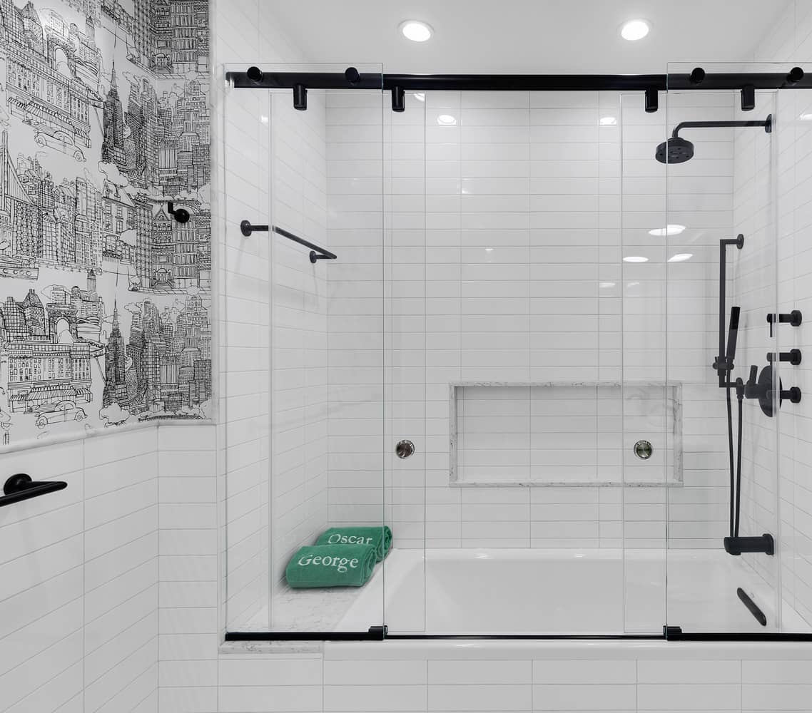 Renovated interior detail of a loft bathroom at 9 Murray Street in Tribeca, Manhattan, by Gallery KBNY (view 1)