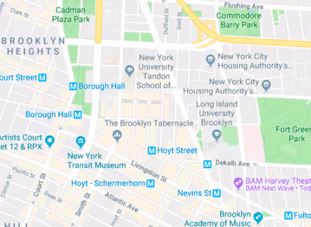 Map showing the location of the BellTel Lofts at 365 Bridge Street in Downtown Brooklyn, by Gallery KBNY