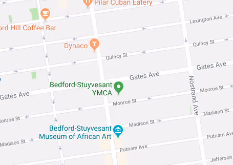 Map showing the location of a brownstone renovation in Bedford-Stuyvesant, Brooklyn, by Gallery KBNY
