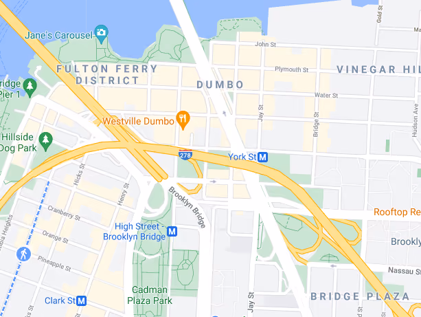 Map showing the location of 70 Washington Street in Dumbo, Brooklyn, by Gallery KBNY