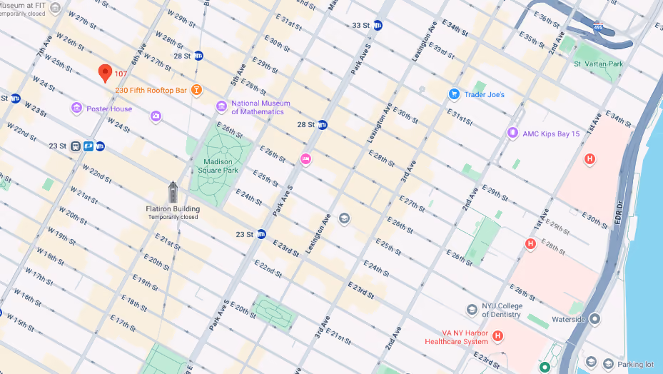 Map showing the location of 107 W 25th St., Chelsea, Manhattan, by Gallery KBNY
