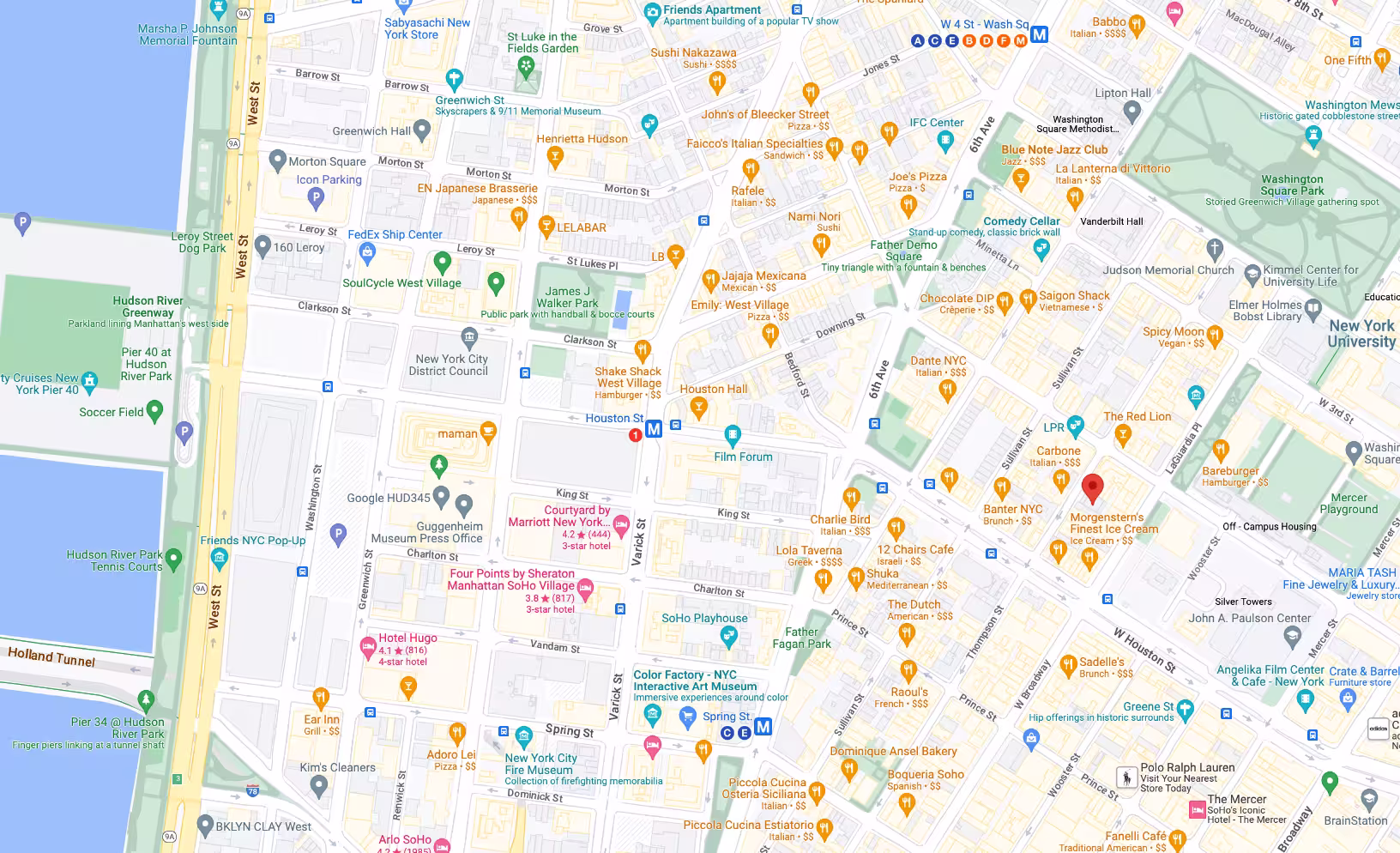 Map showing the location of 180 Thompson Street in Greenwich Village, Manhattan, by Gallery KBNY
