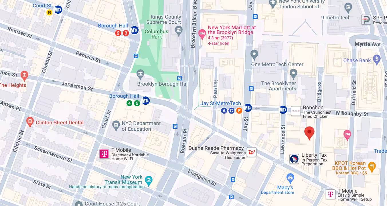 Map showing the location of 388 Bridge Street in Downtown Brooklyn, by Gallery KBNY