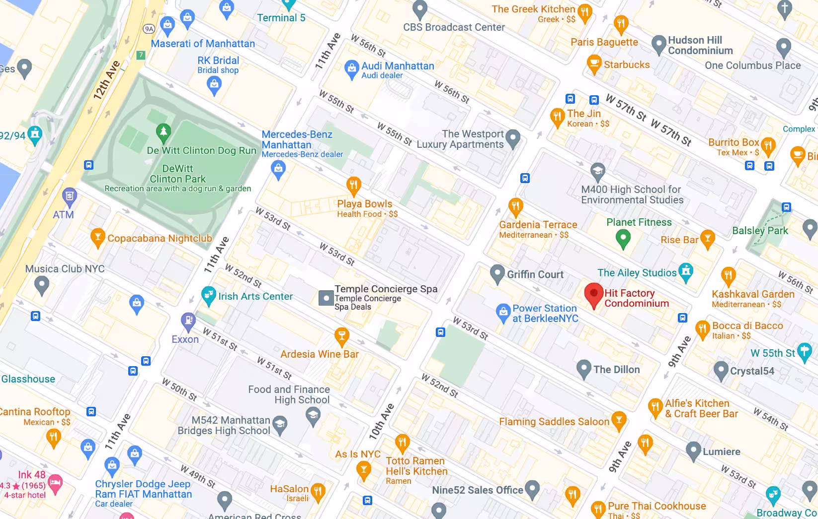 Map showing the location of The Hit Factory at 421 West 54th Street in Midtown, Manhattan, by Gallery KBNY