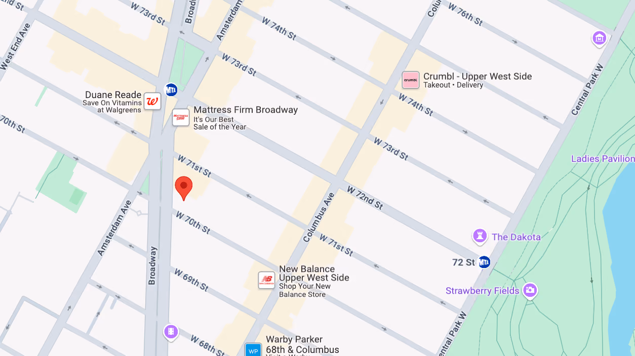 Map showing the location of The Coronado at 155 West 70th Street in Lincoln Square, Manhattan, by Gallery KBNY