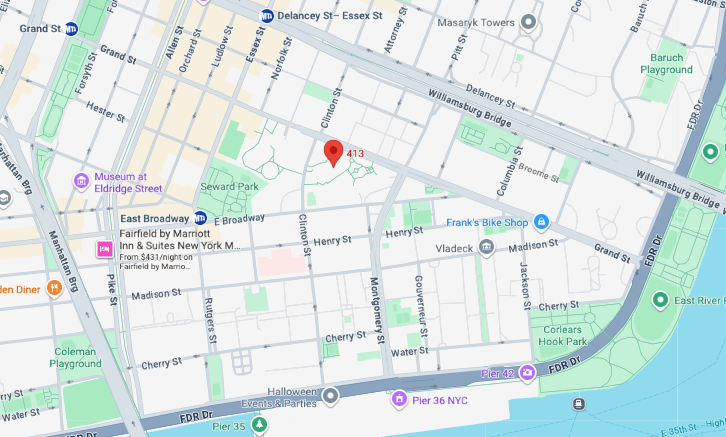 Map showing the location of 413 Grand Street on the Lower East Side, Manhattan, by Gallery KBNY