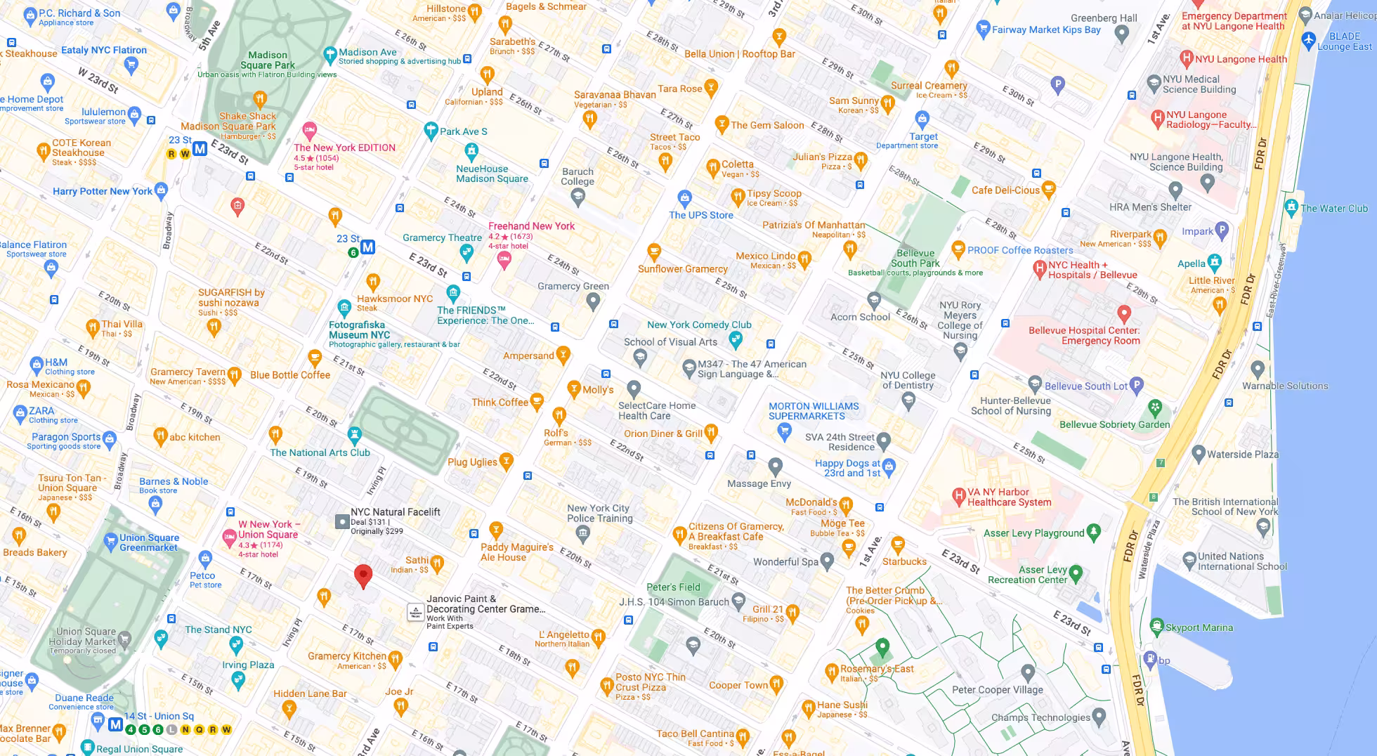 Map showing the location of 130 East 18th Street in Gramercy Park, Manhattan, by Gallery KBNY