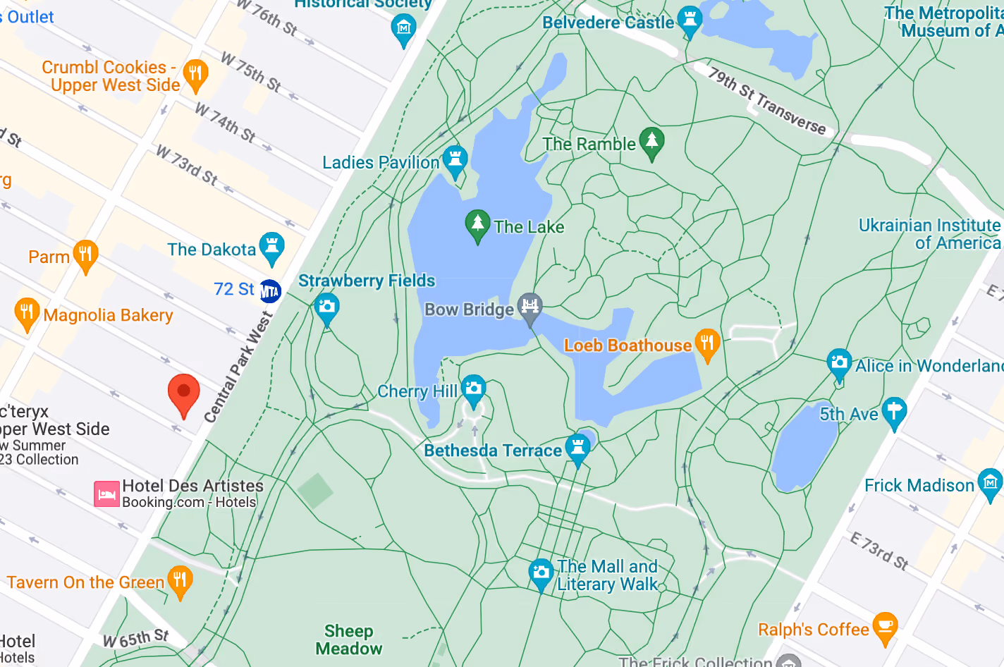 Map showing the location of 91 Central Park West on the Upper West Side, Manhattan, by Gallery KBNY