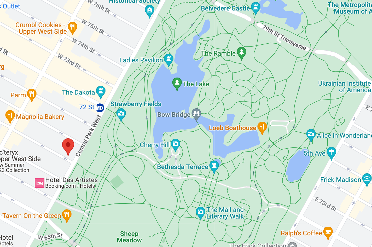 Map showing the location of 91 Central Park West on the Upper West Side, Manhattan, by Gallery KBNY