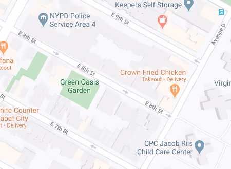 Map showing the location of the Flowerbox Building at 259 East 7th Street in the East Village, Manhattan, by Gallery KBNY