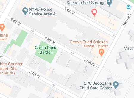 Map showing the location of the Flowerbox Building at 259 East 7th Street in the East Village, Manhattan, by Gallery KBNY
