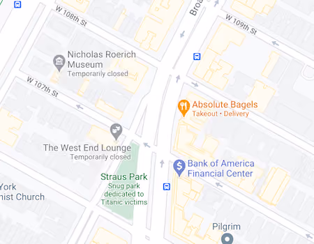Map showing the location of The Manchester at 255 West 108th Street on the Upper West Side, Manhattan, by Gallery KBNY