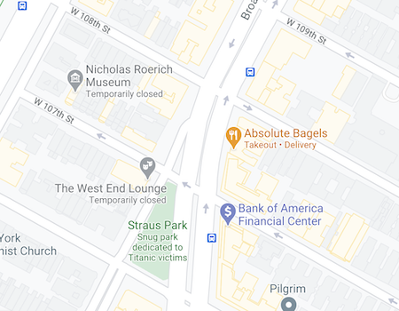 Map showing the location of The Manchester at 255 West 108th Street on the Upper West Side, Manhattan, by Gallery KBNY