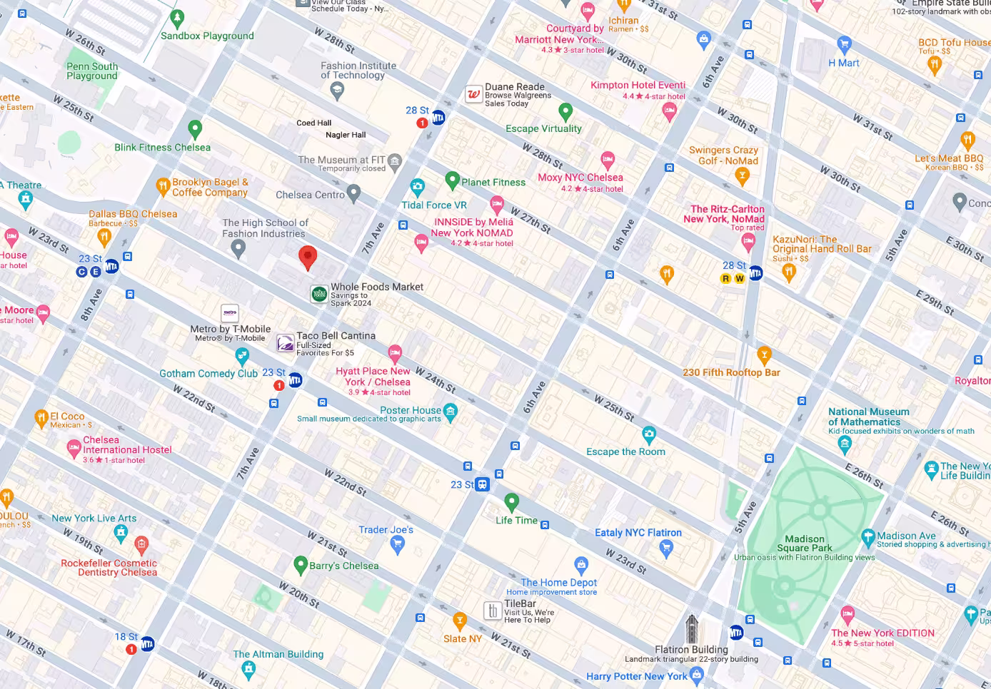 Map showing the location of The Chelsea Mercantile at 252 Seventh Avenue in Chelsea, Manhattan, by Gallery KBNY
