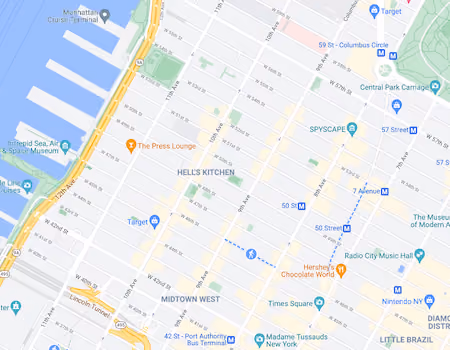 Map showing the location of Loft 55 Building, 419 West 55th Street, Hell's Kitchen, Manhattan, by Gallery KBNY
