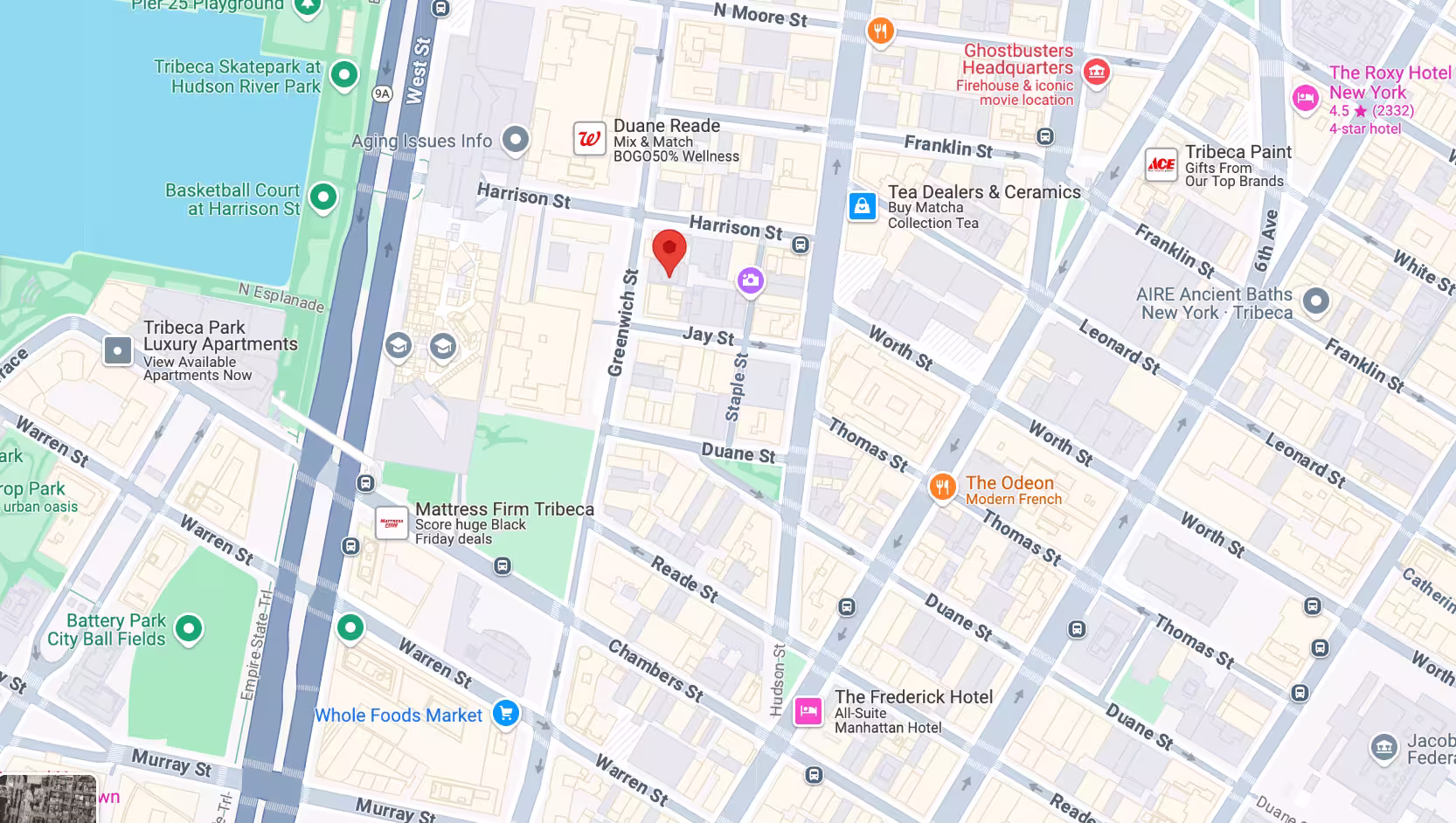 Map showing the location of 345 Greenwich Street in Tribeca, Manhattan, by Gallery KBNY