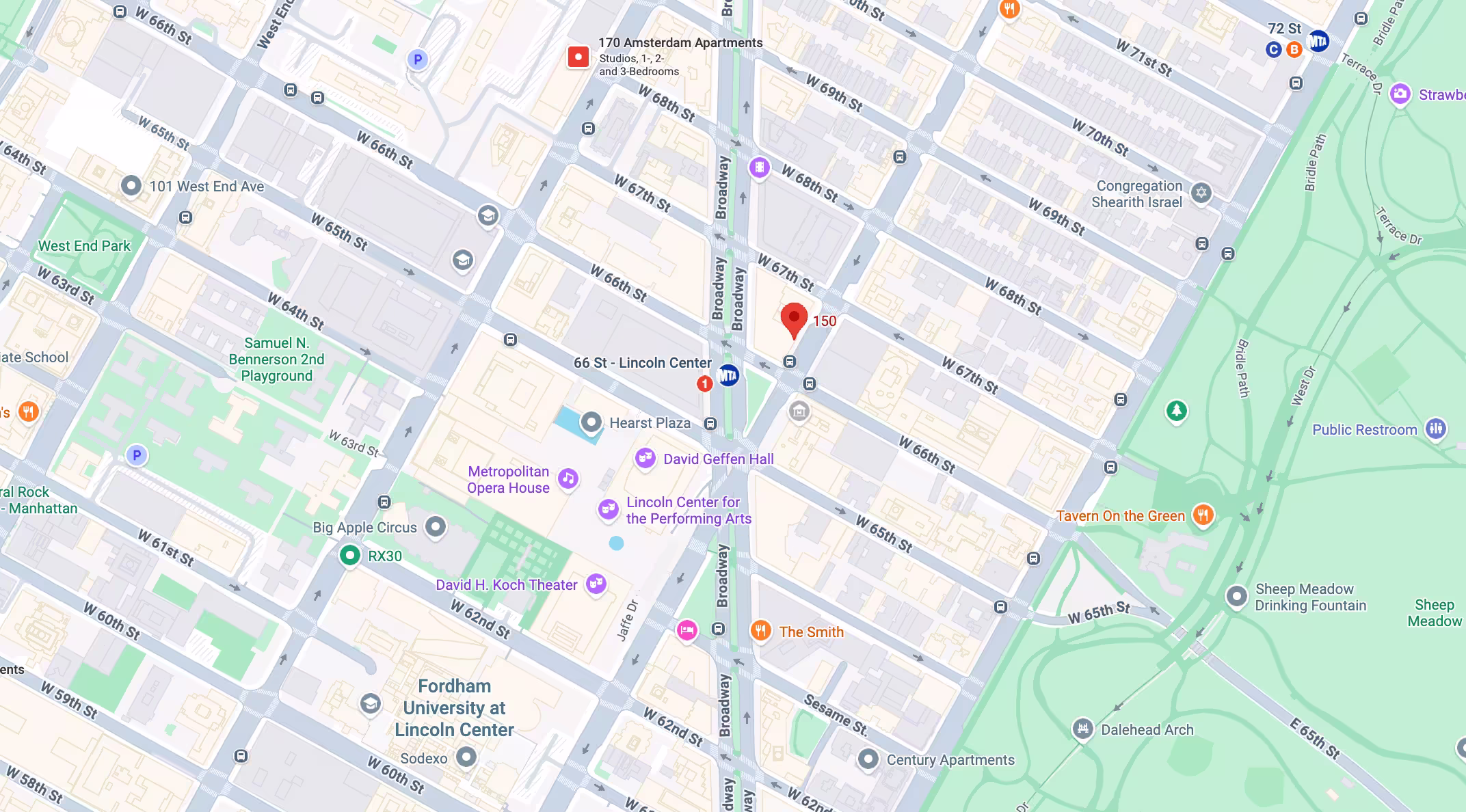 Map showing the location of 150 Columbus Avenue on the Upper West Side, Manhattan, by Gallery KBNY