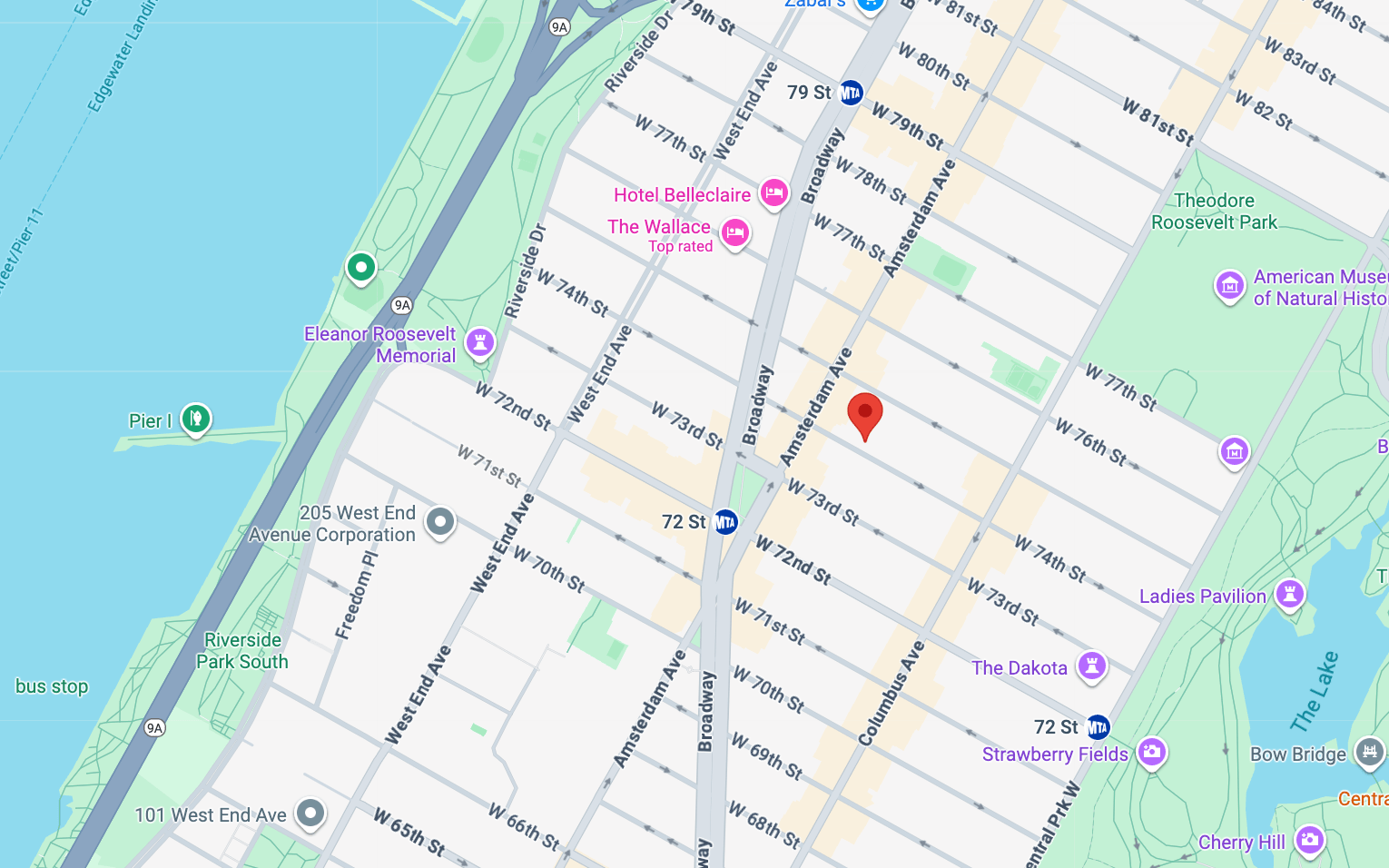 Map showing the location of 151 West 74th Street on the Upper West Side, Manhattan, by Gallery KBNY