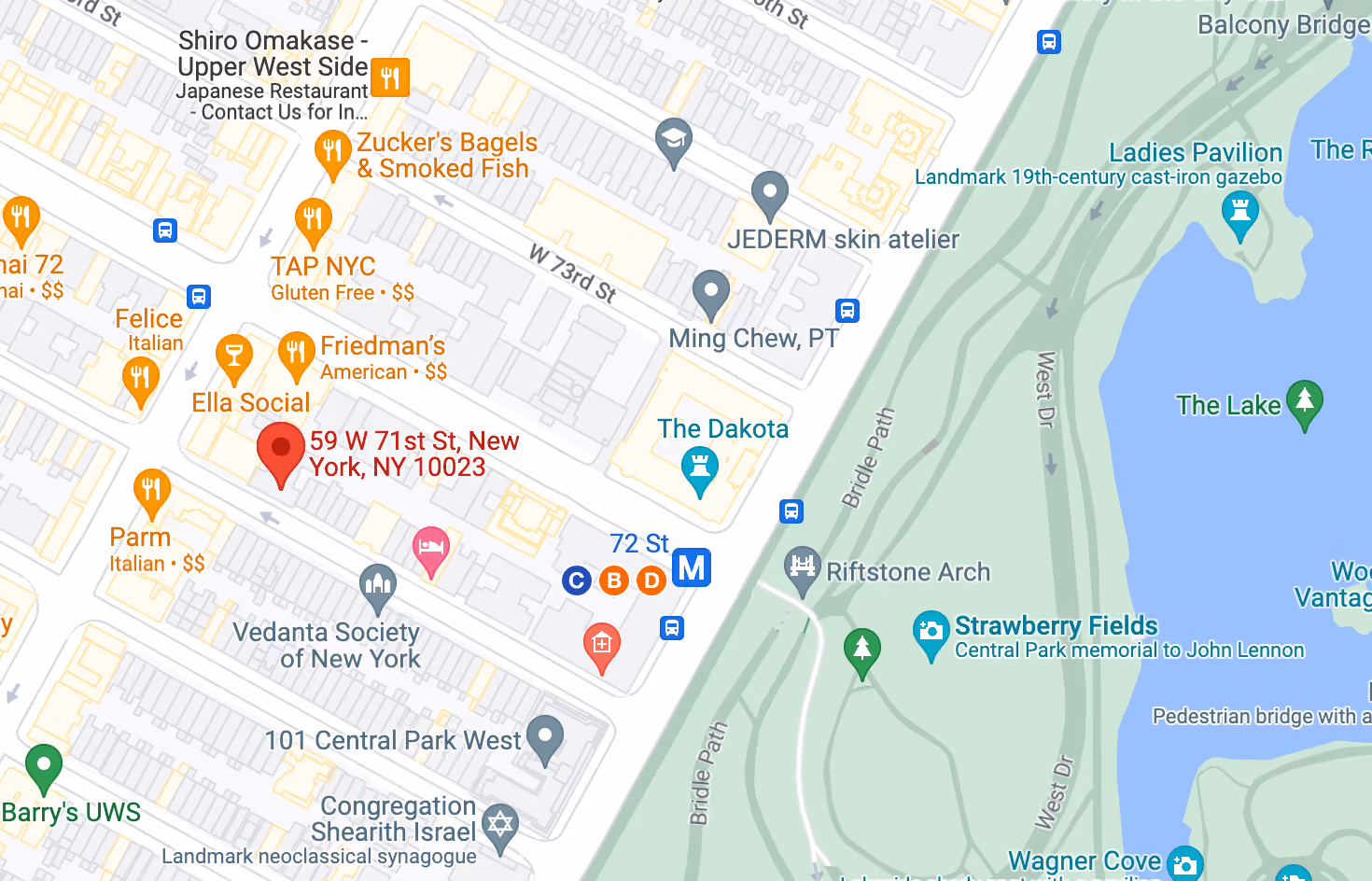 Map showing the location of 59 West 71st Street on the Upper West Side, Manhattan, by Gallery KBNY