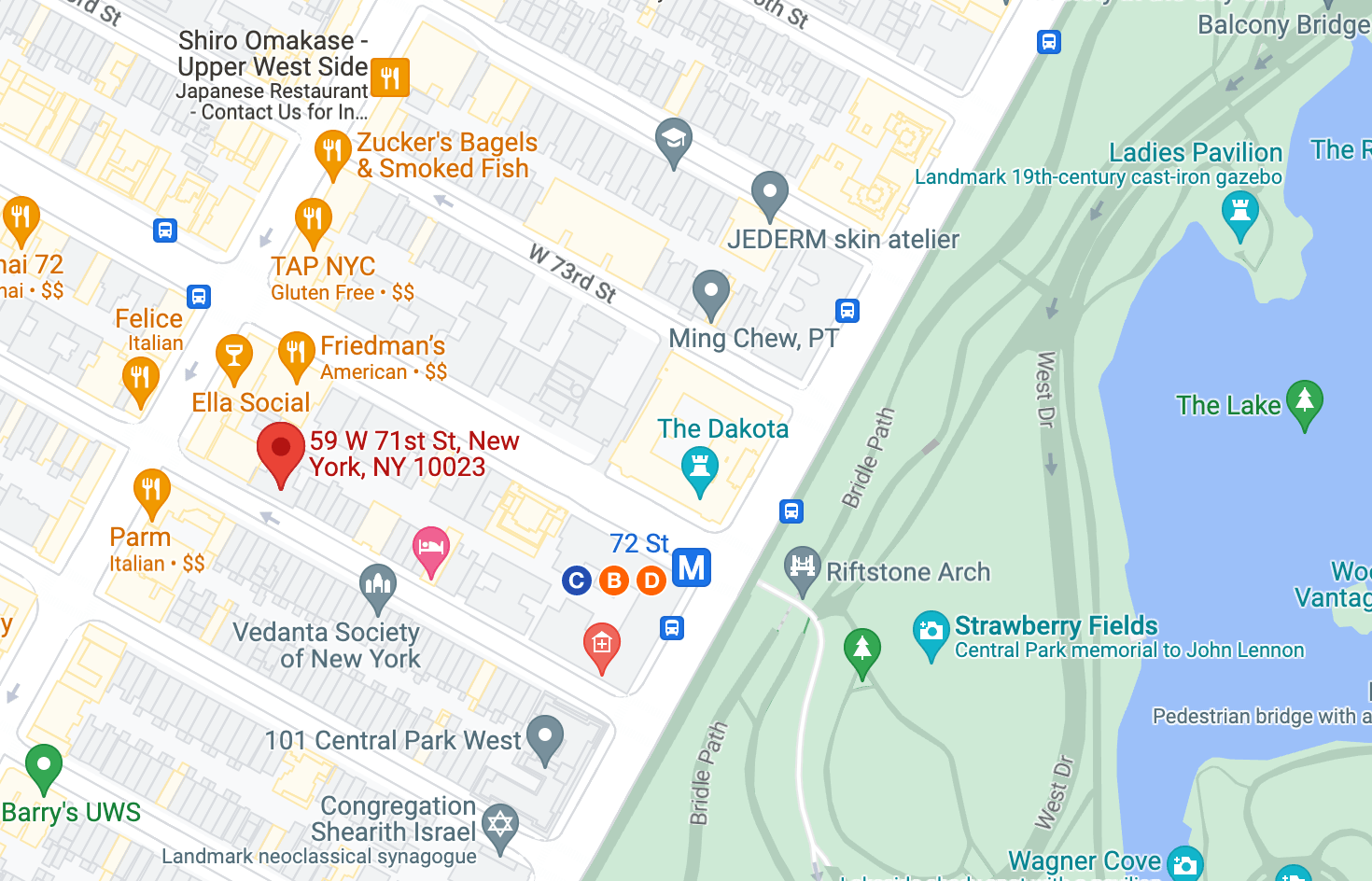 Map showing the location of 59 West 71st Street on the Upper West Side, Manhattan, by Gallery KBNY