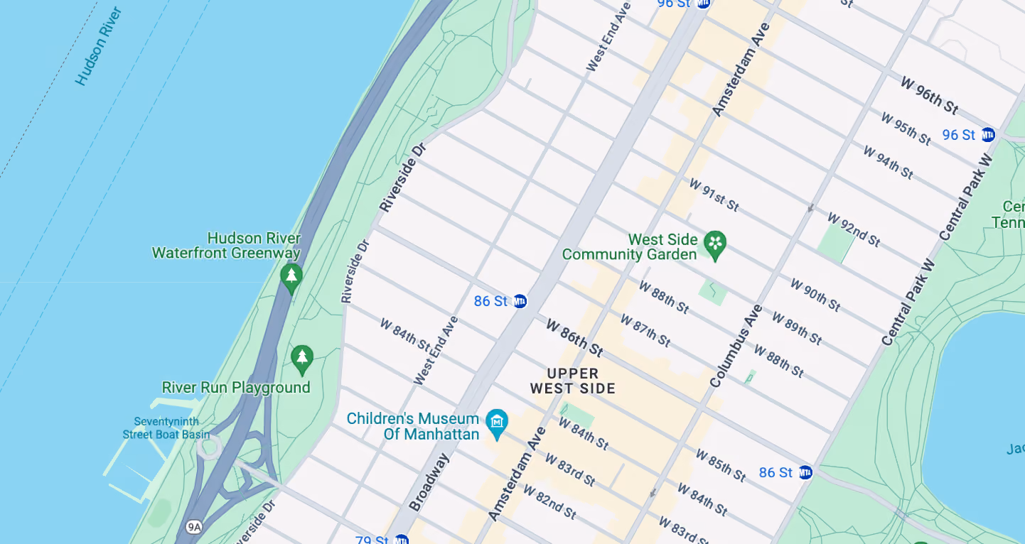 Map showing the location of 220 Riverside Boulevard on the Upper West Side, Manhattan, by Gallery KBNY