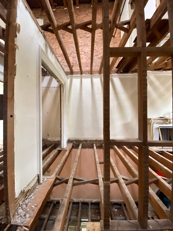 New structural framing during a gut renovation of a Carroll Gardens brownstone at 347 President Street, Brooklyn, by Gallery KBNY