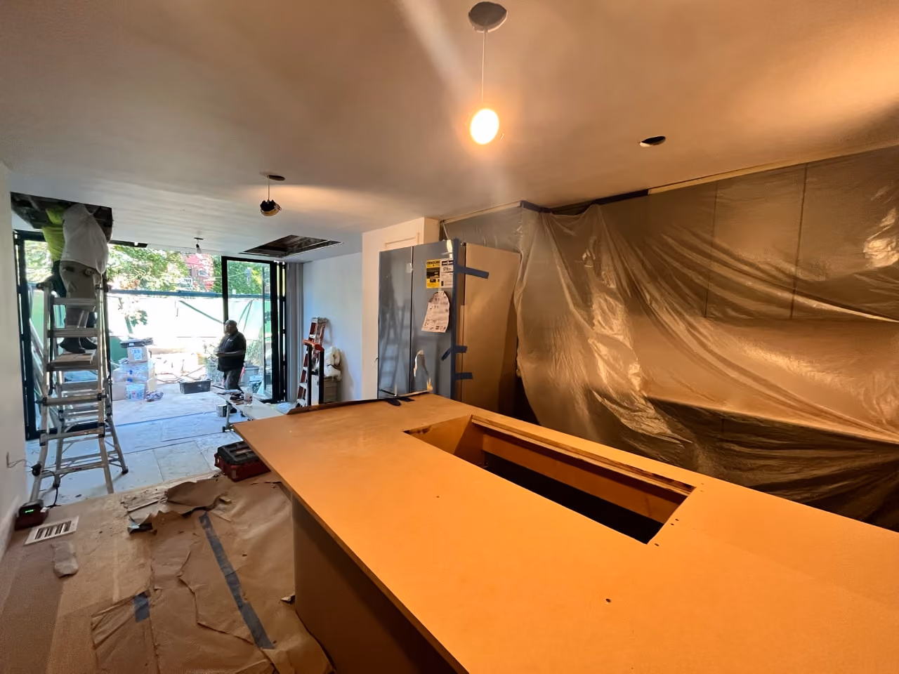 Kitchen island under construction during a Carroll Gardens brownstone renovation at 347 President Street, Brooklyn, by Gallery KBNY