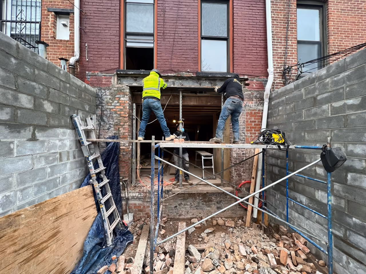 Masonry work at the rear during a Carroll Gardens brownstone renovation at 347 President Street, Brooklyn, by Gallery KBNY